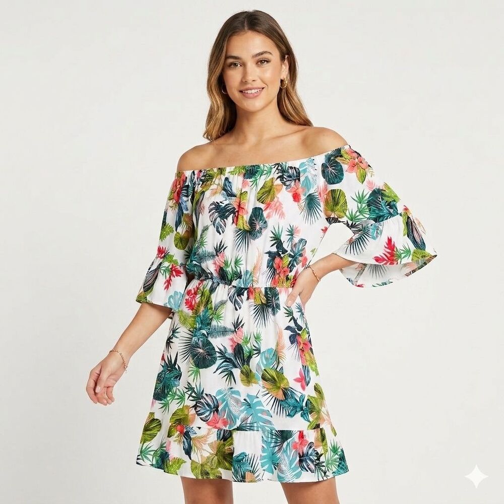 Womens Floral Tropical Off Shoulder Mini Dress Summer Vacation Boho Large 12-14